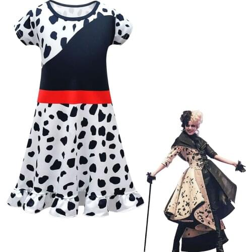 Halloween Costume Dress for Girls Black White Witch Cosplay Outfits Kids Cruella Dresses Disfraz Vestidos Disguise Clothes Gown