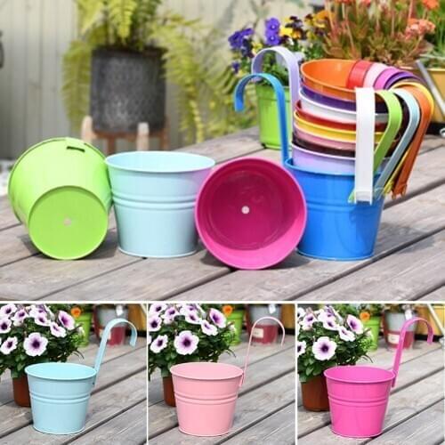 Metal Flower Pots Hanging Plant Planter Colour Balcony Garden Wall Fence Iron Buckets Flower Holders B88