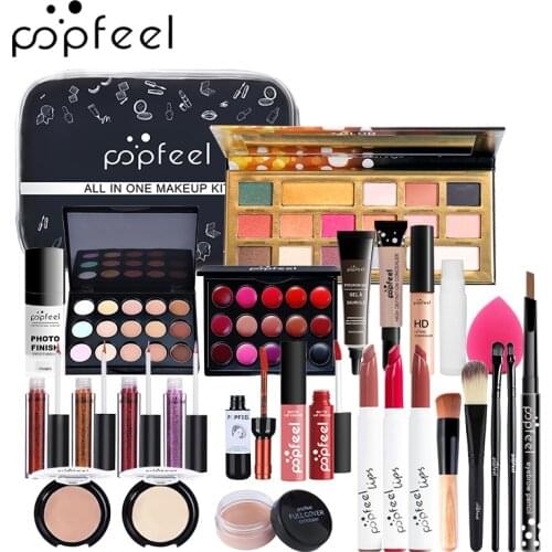 POPFEEL Cosmetic Set 8-27Pcs Make Up Set Cosmetics Kit Eyeshadow Palette Lip Gloss Powder Puff Concealer With Makeup Bag TSLM2
