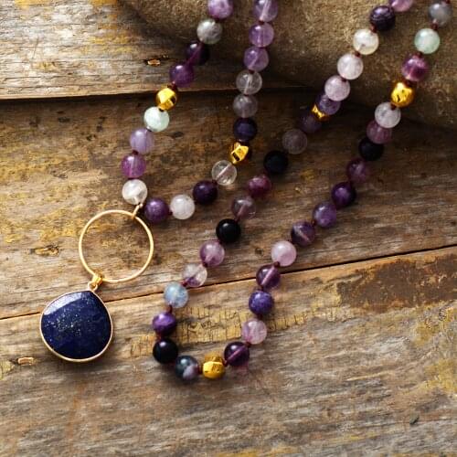 Unique New Natural Stones Purple Fluorite Lapis Pendant Necklace Women Bold Fashion Necklaces Yoga Jewelry Wholesale