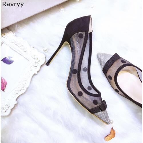 Sexy lace black woman high heel Pointed Toe Sexy Pumps polka dot pattern female dress shoes stiletto elegant party shoes