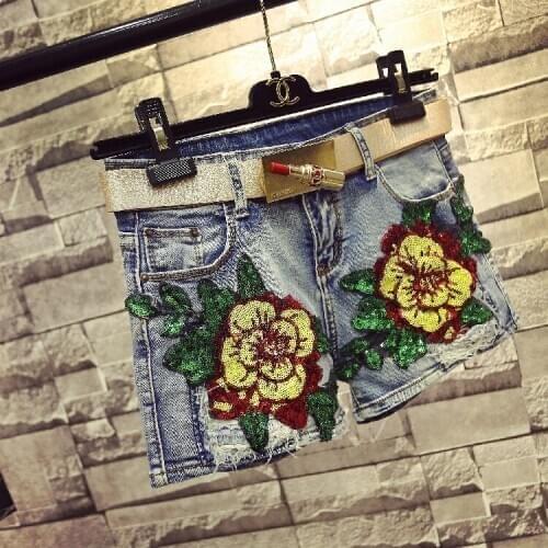 QA1201 High quality women summer fashion sequin all-match denim shorts female short jeans bermudas mujer