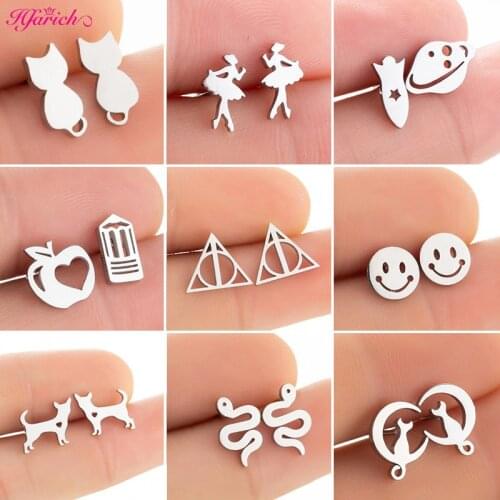 Fashion Moon Cat Dog Snake Animal Earrings For Women Bohemian Stainless Steel Jewelry Geometric Smile Triangle Stud Earrings