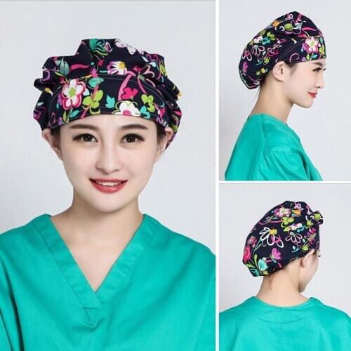 Floral Print Scrub Cap Salon Beautician Chef Dust Proof Bouffant Adjustable Hat Breathable Kitchen Working Lampblack Cap