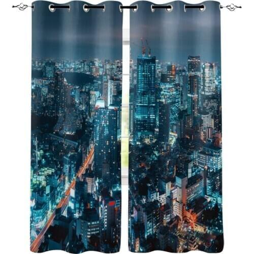 Blue Night View City Building Printed Window Curtains Living Room Bedroom Curtains Polyester Cloth Home Decor