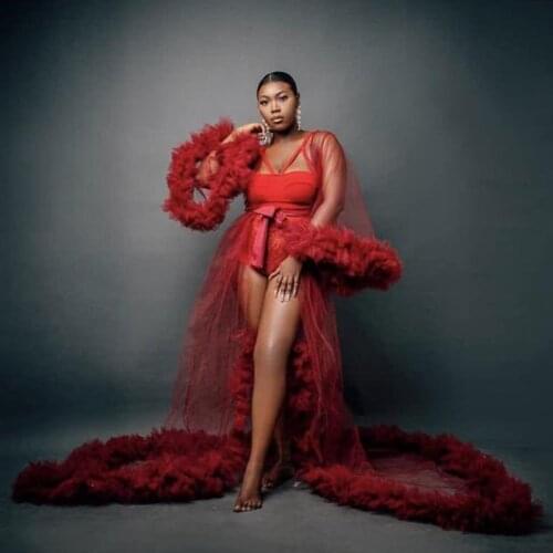 Sexy Red See Thru Tulle Women Dresses Bridal Night Gowns Ruffles Tiered Full Puff Sleeves Long Robe Maternity Dress