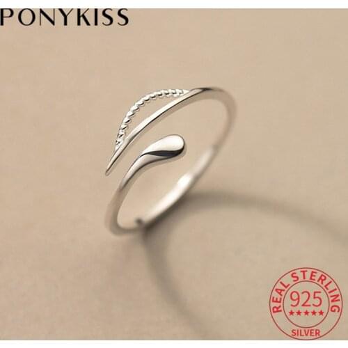 PONYKISS Trendy 925 Sterling Silver Water Drop Music Hollow Open Adjustable Rings Women Party Fine Jewelry Minimlist Accessory