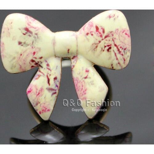 Vintage Art Deco Cloisonne Flower Enamel Bowtie Bowknot Bow Tie Knot Gold Ring Jewelry New