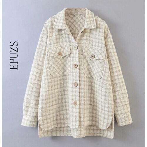 Aurumn loose lapel plaid jacket women winter coat casual pockets chic outwear long sleeven button thick outwear 2020