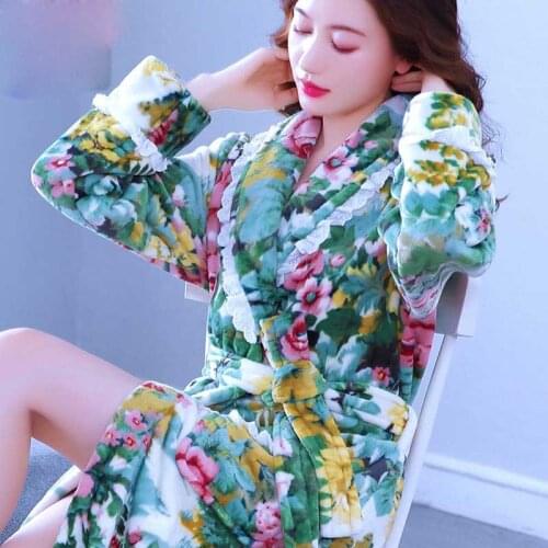 Women Winter Pink Long Robe Warm Nightgown Housedress for Female Bedgown Floral Girl Homewear