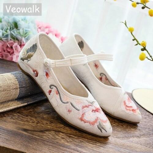Veowalk Butterfly Flowers Embroidered Women Canvas Ballet Flats Comfort Cotton Pointed Toe Ballerinas Shoes Ladies Dancing Shoes