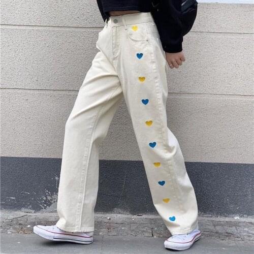 HOUZHOU Harajuku Casual Beige Jeans Women Y2k Korean Style Autumn Loose High Waist Wide Leg Denim Pants Female Embroidery