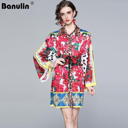 Banulin Sicily Shirt Dress Vintage Red Flower Print Leopard High Quality Summer Womens Bawting Sleeve Loose Runway Belt Dress