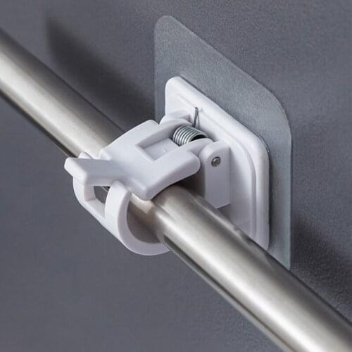 2PC Nail-Free Adjustable Curtain Rod Rack Hook Holder Clamp Hooks Rod Bracket Holders Adhesive Wall Curtain Fixed Clip Hanging