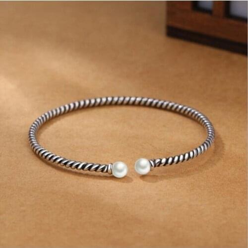 2021 Vintage 925 Sterling Silver Twisted Rope Natural Double Beads Open Bracelets for Women Jewelry Party Birthday Gifts SB081