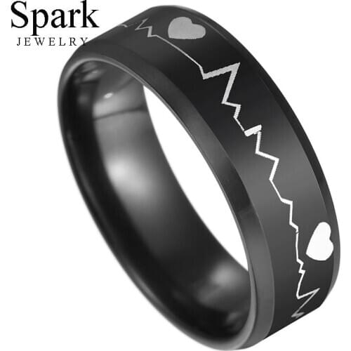 8mm Charm Geometric Titanium Steel Heartbeat Mens Rings Black Bevel Wedding Band For Male Party Gift