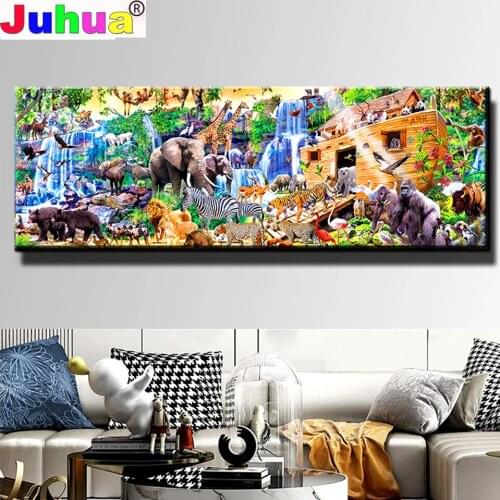 Big Noahs Ark Diamond Painting 5D Animal World Tiger Elephant Zebra Diamond Embroidery Painting DIY Mosaic Waterfall Decor