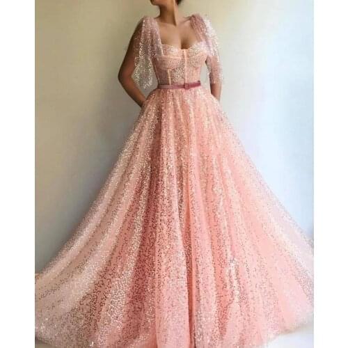 Verngo Sparkly Baby Pink Sequin Evening Dress Sweetheart Sleeves Corset Prom Gowns Velour Belt Elegant Speicial Occasion Dress