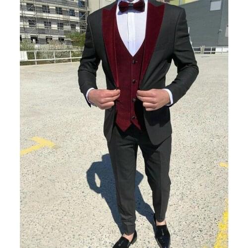 Black Slim Fit Wedding Suits for Mens 3 Piece Custom Groom Tuxedo Male Fashion Costume Jacket Pants with Burgundy Velvet Vest