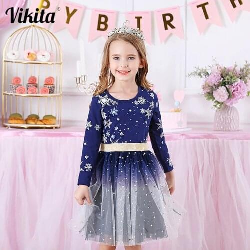 VIKITA Kids Dresses for Girls Long Sleeve Snowflake Sequins Dress New Year Costume Princess Dress Kids Christmas Clothes Wear