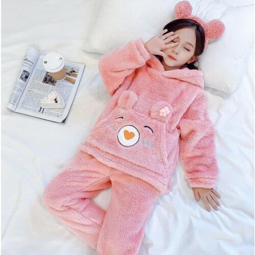 Kids Winter Pajamas Sets Autumn Long Sleeve Flannel Girls Homewear Cartoon Hooded Baby Girls Nightgown 3-15Y Children Pajamas