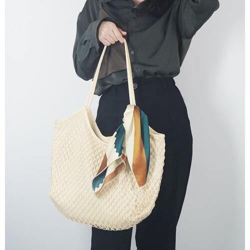 Women Canvas Tote Bag, Crochet Shoulder Bag Large Capacity Beach Holiday Casual Mesh Handbag with Ribbon