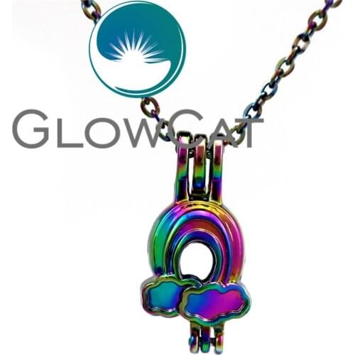 GLOWCAT CC654 Multicolor Rainbow Beads Cage Locket Pendant Essential Oil Diffuser Pearl Cage Necklace Girl Kids Gift