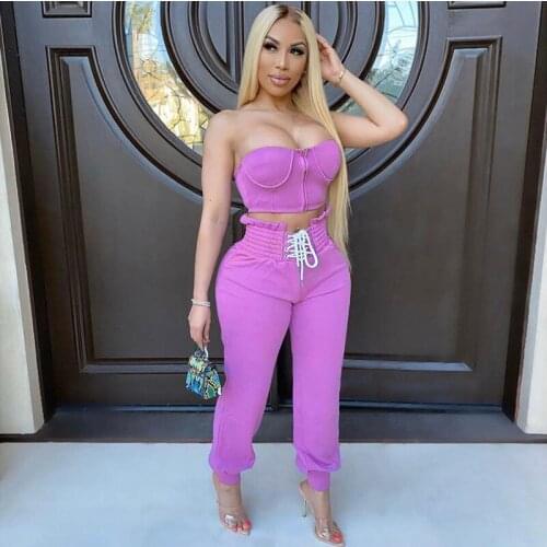 Hot Sexy Lace Up Party Women Matching Sets Zipper Strapless Club Bodycon 2 Piece Outfits Solid Tube Top And Pants Set