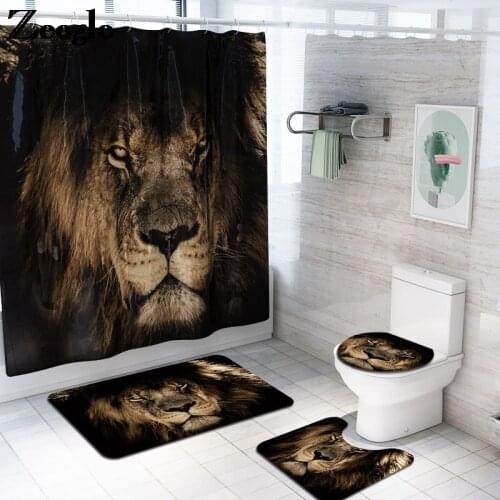 Animal Printed Bathroom Bath Mat Home Decor Bath Mat and Shower Curtain Set Microfiber Toilet U-Shaped Foot Mat Bathroom Rug Set
