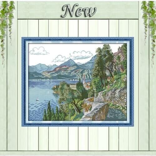 Beautiful Seaside With lake and hills Scenery,Counted Print on Canvas DMC 14CT 11CT Cross Stitch Needlework Kits Embroidery Sets