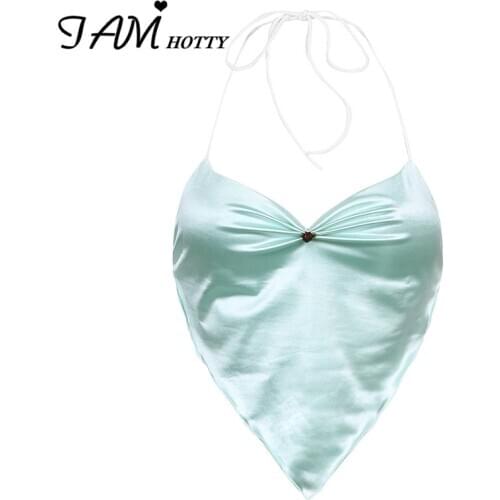 Y2k Satin Flower Patched Basic Halter Crop Top Women Frill Casual V-neck Party Streetwear Summer Camisole Shirts 90s Iamhotty