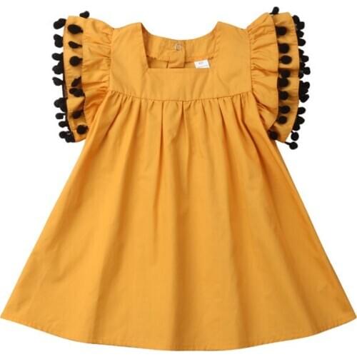 2019 1-6Y Tassel Toddler Girl Summer Dress Clothes Cotton Short Sleeve Shirt Dress Solid Color Yellow