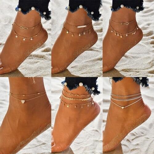 Bohemian Layered Heart Star Pendant Anklet Foot Chain Summer Yoga Beach Leg Bracelet Charm Anklets Jewelry Gift