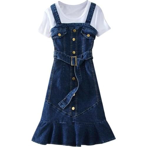 Fashion Slim Party Denim Dress Women Button Front Blue Summer Casual Strap Suspender Jeans Dresses Overall Mini Sundress