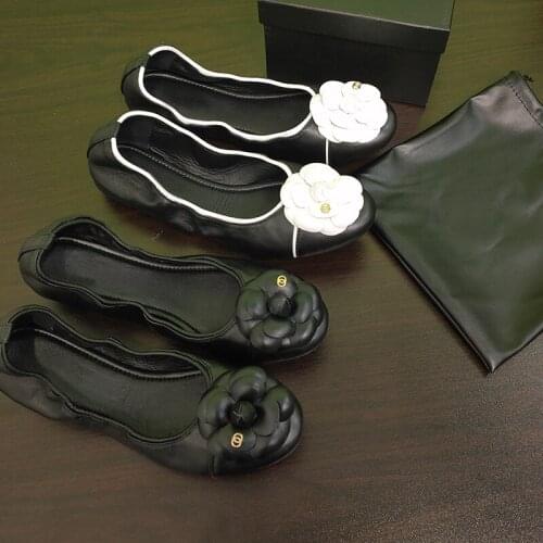 Genuine Leather Flats Women Shoes Round Toe Large Size 41 Camellia Ballet Shoes Shallow Slip-on Sweet Flower Casual Shoes Female