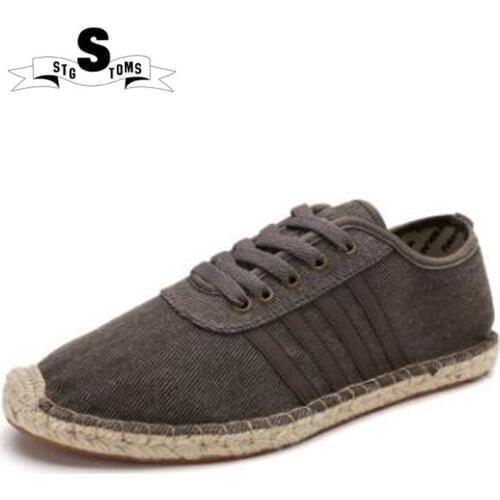 2018 Canvas Shoes for Men Lace Up Linen Straw Flats Shoes Jogging Sneaker Mens Brown Casual Shoes Walking Shoes zapatillas 0111