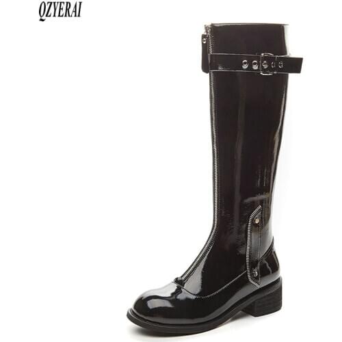 QZYERAI New winter Genuine leather knee boots Women boots Motorcycle boots Female boots Front zipper warm Women shoes