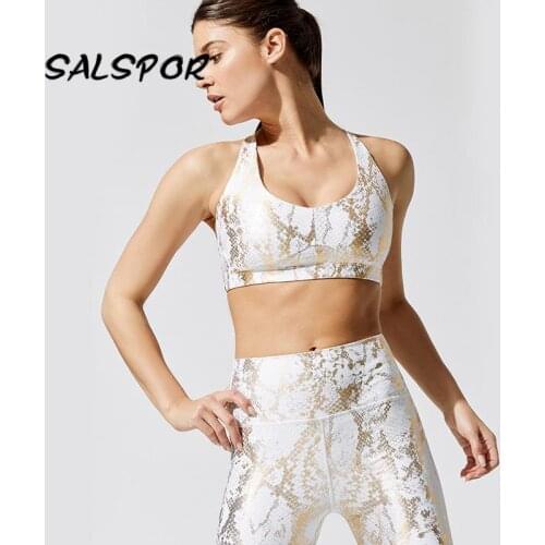 SALSPOR Sport Vest Women Fitness Shockproof Snake Print Workout Womens Bras Bronzing Cross Backless Elasticity Gym Crop Tops
