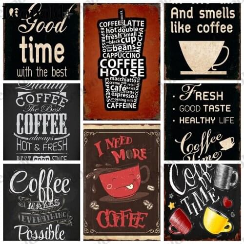 Vintage Metal Tin Plate Coffee Black Background Poster Letter Coffee Cup Brand Plate Dessert Shop Bar Home Decoration 20X30Cm