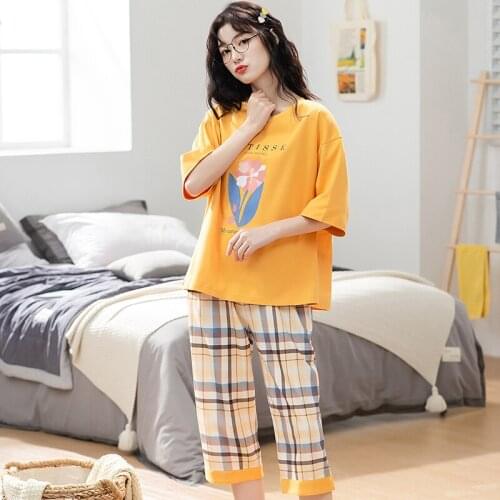 M-5XL Women Homewear Plaid Calf-Length Pants Sleepwear Korean Kawaii Floral Yellow Short Sleeve Pajamas Cotton Summer Plus Size