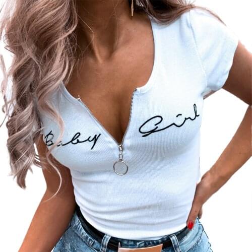 2020 New Sale Women Summer T-shirt Tops Short-sleeved Pullover Casual Top Fashion Letter Embroidery Zipper V-neck T-shirt
