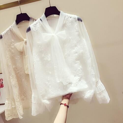 Mesh Lace Shirt Womens 2021 Spring Autumn Mew Trumpet Sleeve Loose Bow Super Fairy Embroidery Blouse And Top Wild Clothes l92