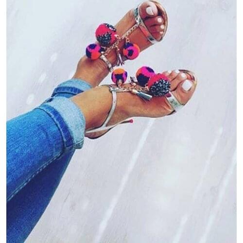 Summer Woman Bobbles Tassel Pedant Sandals Stiletto High Heels Multi Ball Lace up Glitter Shiny Leather Fringed Cut-outs Shoes