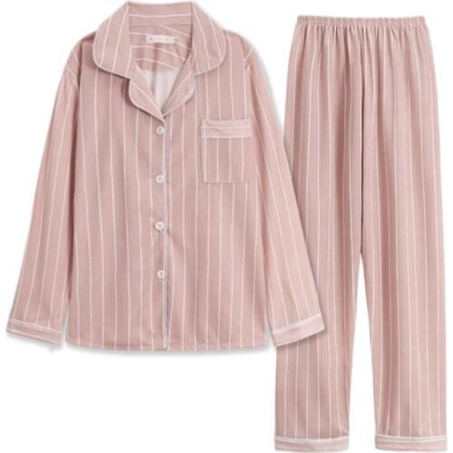 Women Nightshirt Sets WAVMIT Women Cotton Pajama Set Solid Color Stripes Pyjama Set Long Sleeve Sleepwear Women Top Long Pant