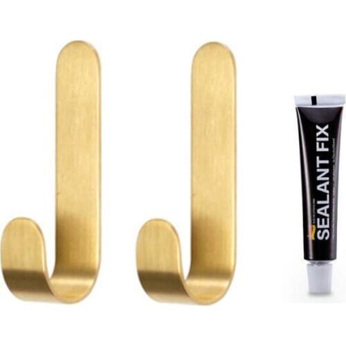 1Set J Shaped Brass Towel Hanger Wall Mounted Coat Hook Rack with Glue Home Kitchen Bathroom Clothes Hooks Holder