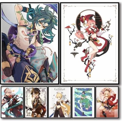 50 Designs Anime Genshin Impact Whitepaper Poster Artwork Fancy Wall Sticker for Coffee House Bar VOL1