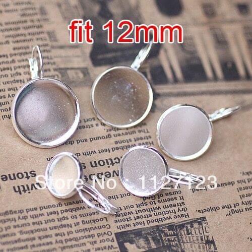 Free ship! Silver plated 100piece 12mm Round Cabochon Setting Leverback Hook Stud Earing blanks and base trays bezel