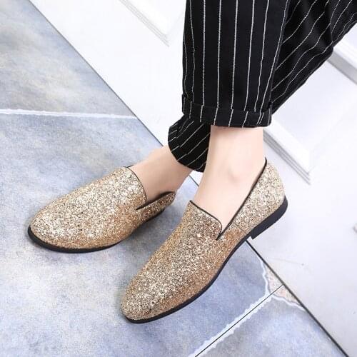 Glitter Branded Shoes Men Designer Luxury Loafers Men Shoes British Style Silver Gold Mens Shoes Casual Big Sizes Zapatos Hombre