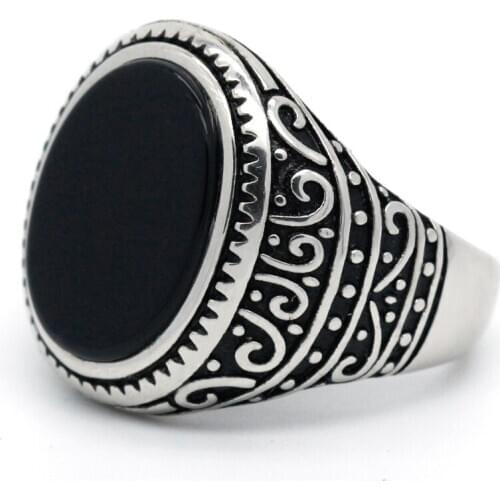 Black Mens Ring with Agate 925 Sterling Silver Oval Natural Flat Stone Ring Vintage Carved Design Jewelry for Male Husband Gift