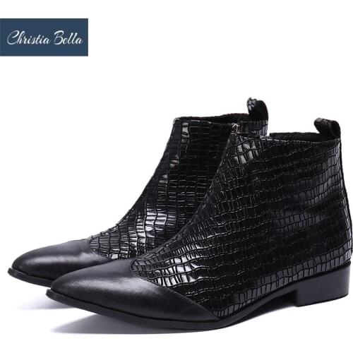 Christia Bella Winter Fashion Men Shoes Patchwork Genuine Leather Men Ankle Boots Pointed Toe Zip Short Boots Party Leather Boot